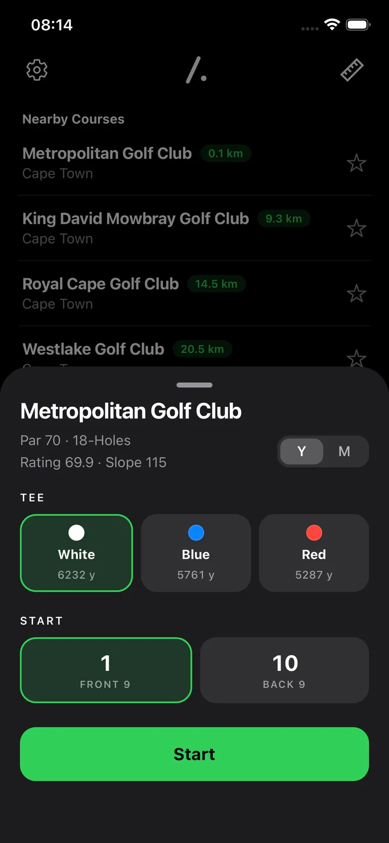 Round setup: choose your tee and starting hole, then tap start